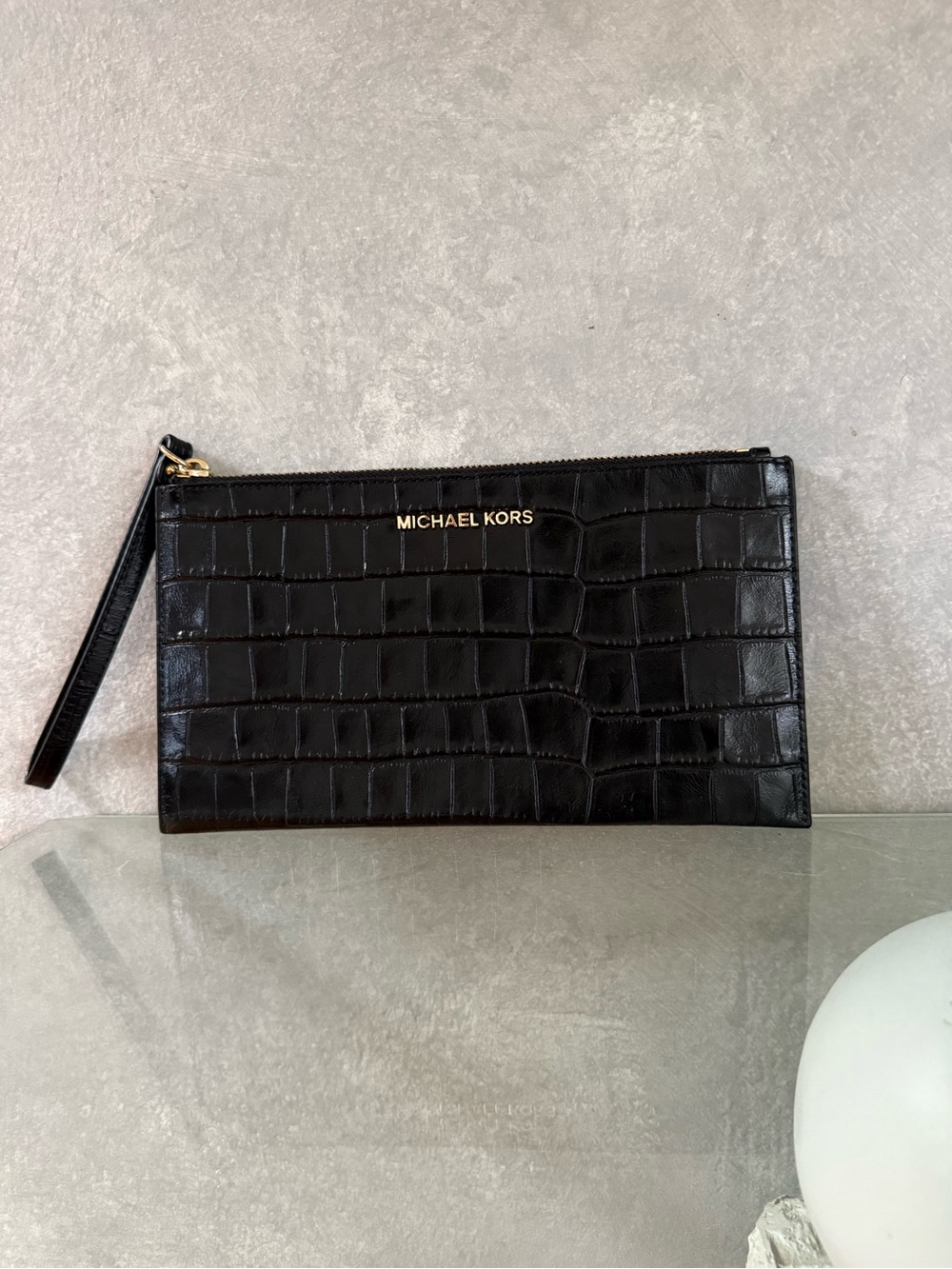 Michael Kors Black Croc-Embossed Zip Pouch with Gold Hardware
